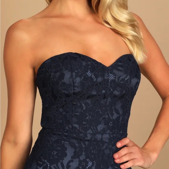 Wow the Crowd Navy Blue Lace Strapless Gown - Picture 5 of 5